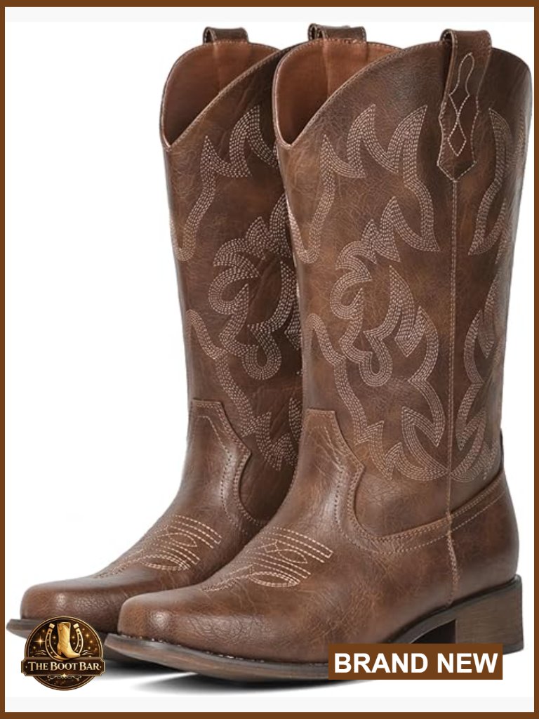 Women Square Toe Cowgirl Boots Pull On Mid Calf Western Boots